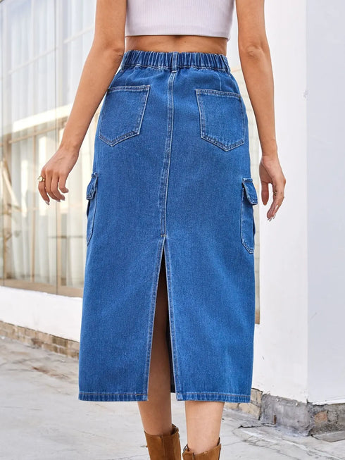 'Mckenna' Slit Midi Denim Skirt with Pockets - Celes Fashion